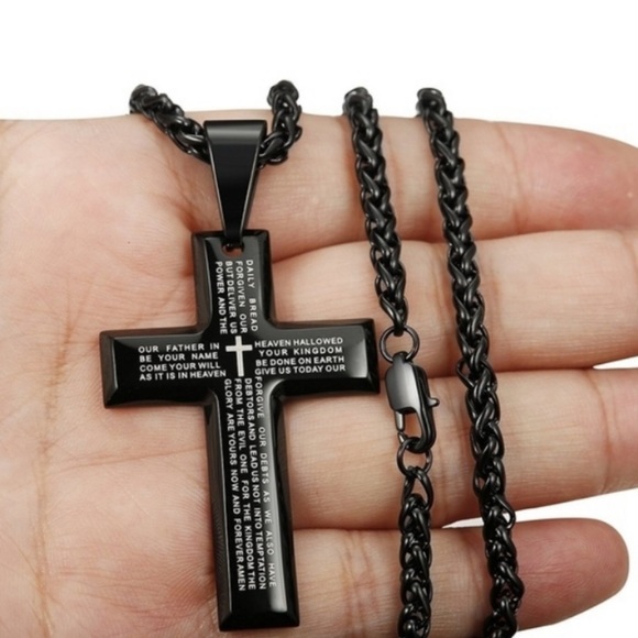 UNISEX BLACK NECKLACE WITH  CROSS PENDANT. - Picture 2 of 8